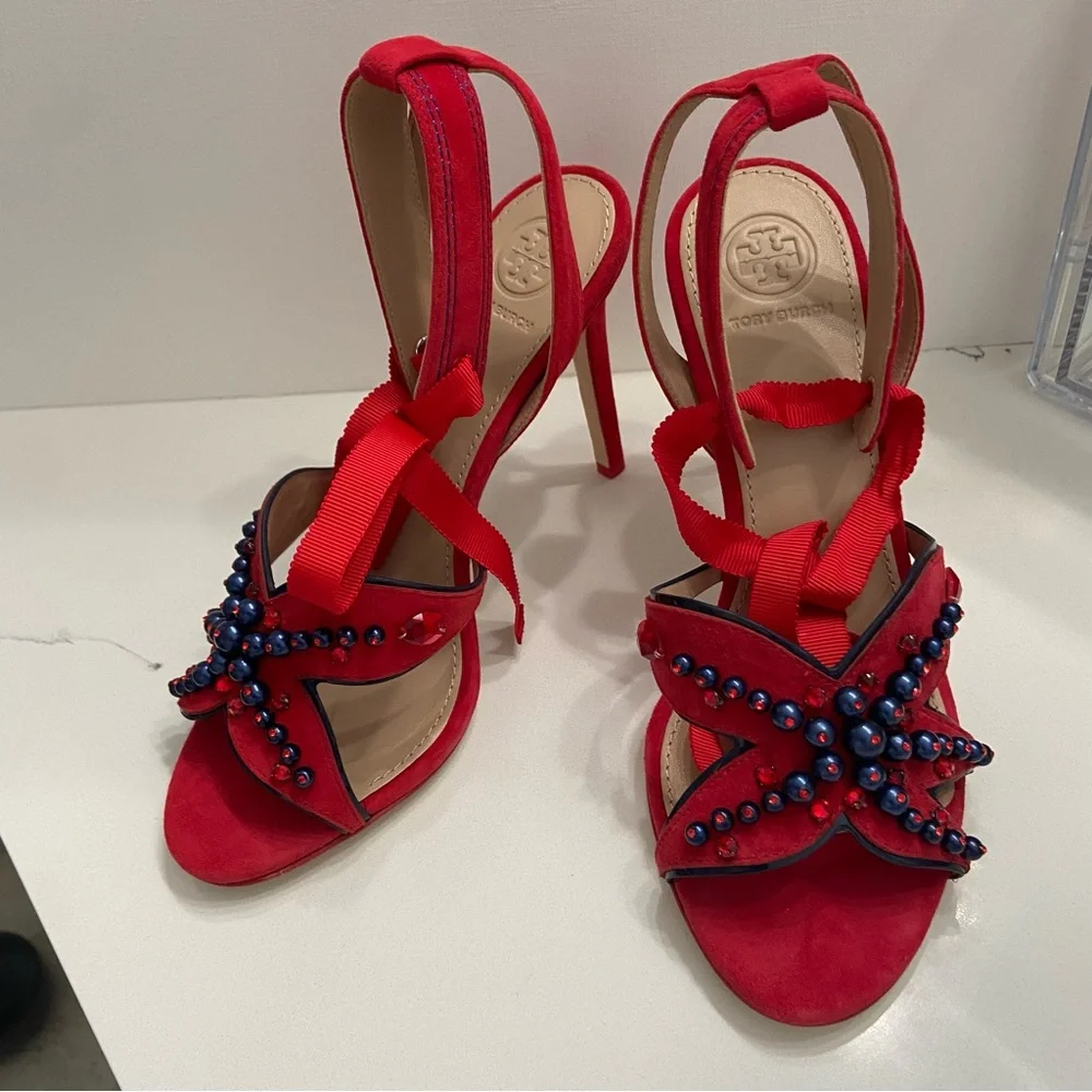TORY BURCH NIB Seaside Red Suede Beaded Ribbon Ankle Strap Heels 7